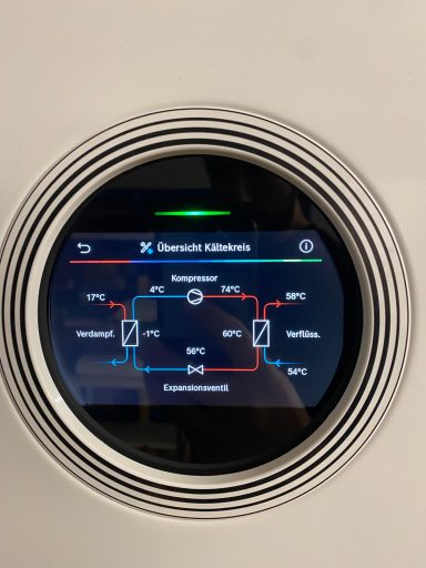 Bedienfeld eines Thermostats mit Temperatur- und Betriebsmodi-Anzeige.