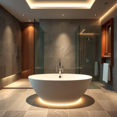 Elegantes modernes Badezimmer mit freistehender Badewanne und sanfter Beleuchtung.