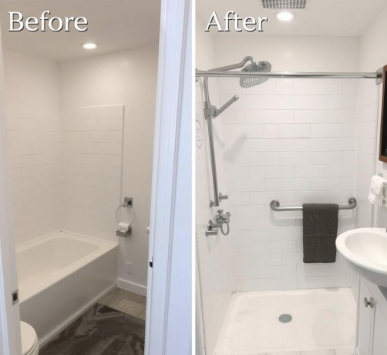 Renovierung eines Badezimmers mit Badewanne und Duschbereich. Vorher-Nachher-Vergleich.