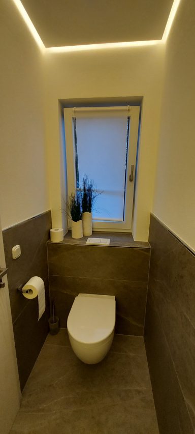 Modernes Badezimmer mit Toilette, Fenster und Pflanzen an der Wand.