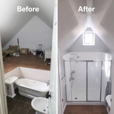 Badezimmer vor und nach der Renovierung, links unordentlich, rechts modern und hell.